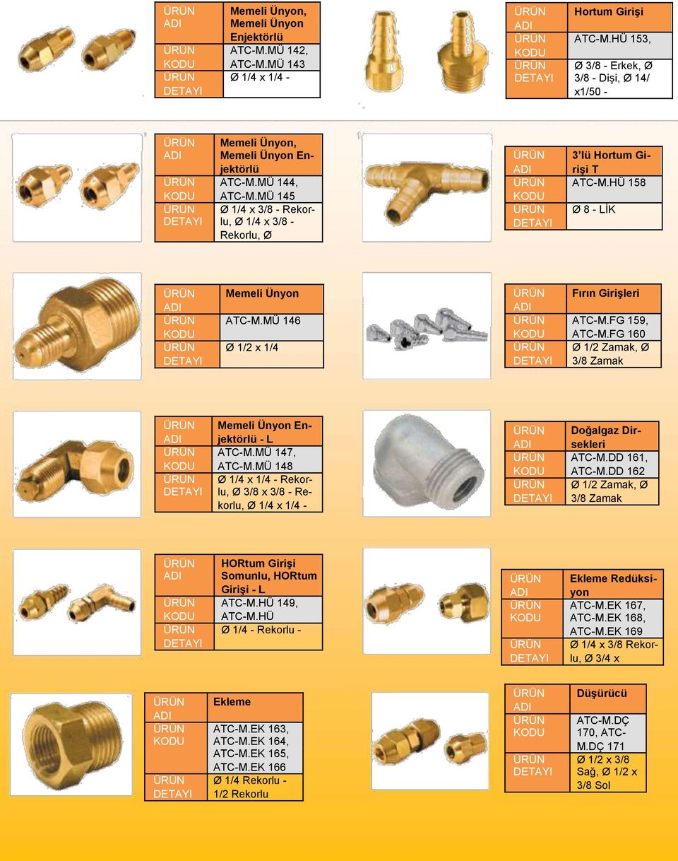 FG 160 Ø 1/2 Zamak, Ø 3/8 Zamak Memeli Ünyon En- jektörlü - L ATC-M.MÜ 147, ATC-M.MÜ 148 Ø 1/4 x 1/4 - Rekor- lu, Ø 3/8 x 3/8 - Rekorlu, Ø 1/4 x 1/4 - Doğalgaz Dir- sekleri ATC-M.DD 161, ATC-M.