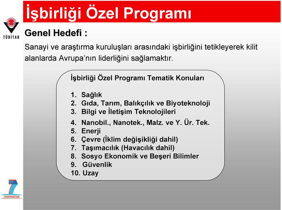 Gıda, Tarım,, Balıkçılık ve Biyoteknoloji 3. Bilgi ve İletişim im Teknolojileri 4. Nanobil., Nanotek., Malz. ve Y. Ür. Tek. 5.