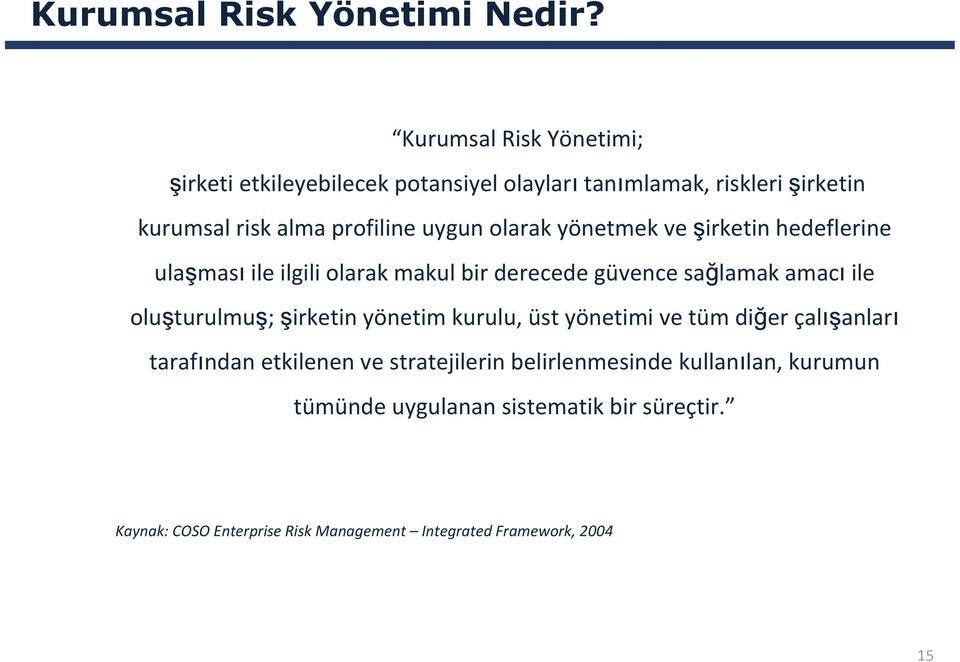 olarak yönetmek ve şirketin hedeflerine ulaşması ile ilgili olarak makul bir derecede güvence sağlamak amacı ile oluşturulmuş;