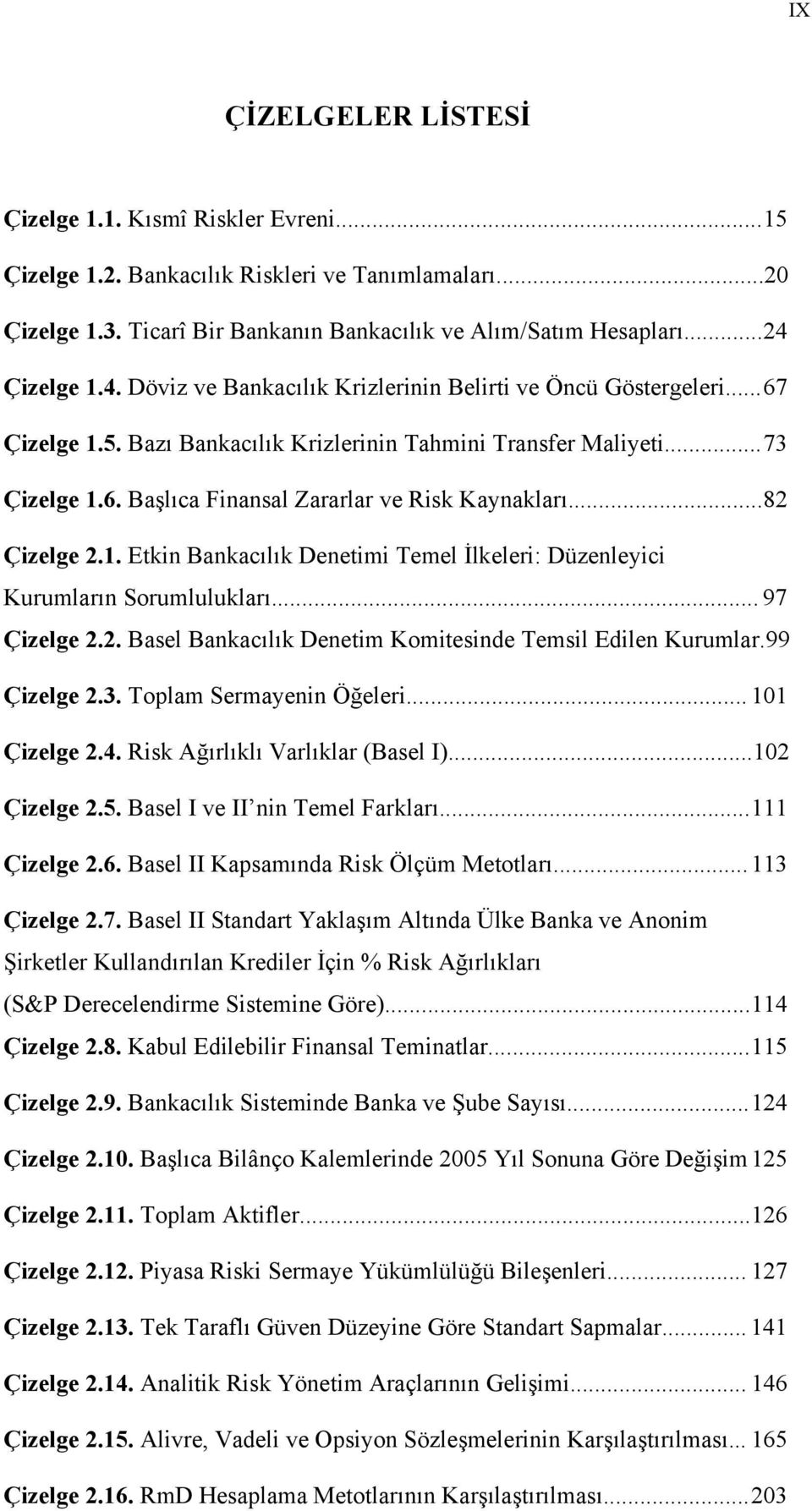 .. 82 Çizelge 2.1. Etkin Bankacılık Denetimi Temel İlkeleri: Düzenleyici Kurumların Sorumlulukları... 97 Çizelge 2.2. Basel Bankacılık Denetim Komitesinde Temsil Edilen Kurumlar.99 Çizelge 2.3.