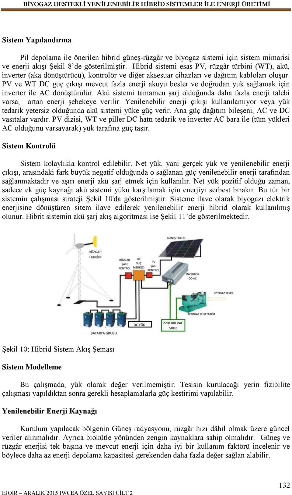 PV ve WT DC güç çıkışı mevcut fazla enerji aküyü besler ve doğrudan yük sağlamak için inverter ile AC dönüştürülür.