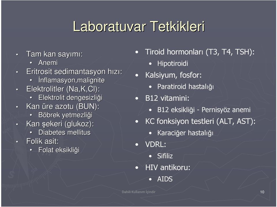 eksikliği Tiroid hormonları (T3, T4, TSH): Hipotiroidi Kalsiyum, fosfor: Paratiroid hastalığı B12 vitamini: B12 eksikliği -