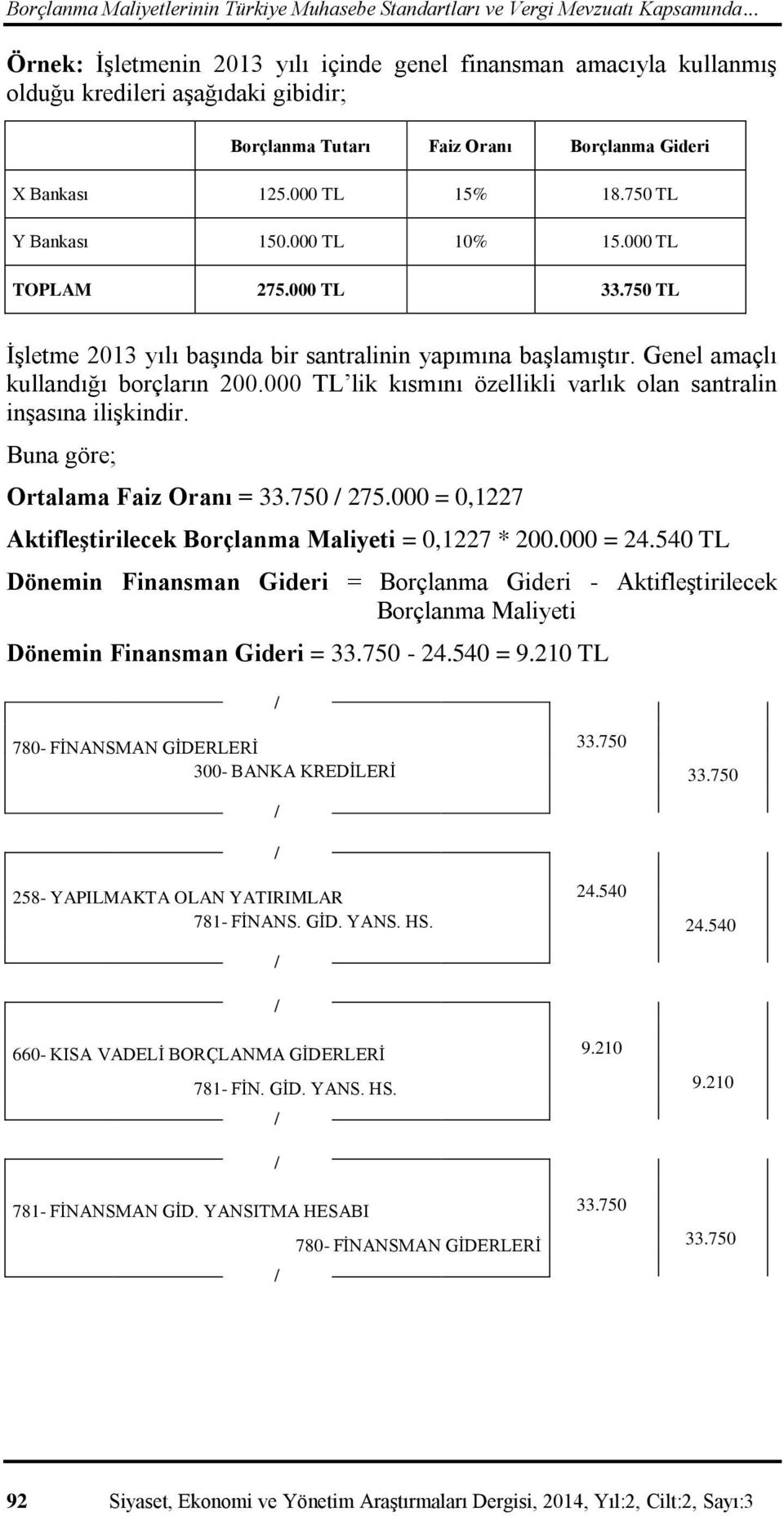 000 TL lik kısmını özellikli varlık olan santralin inşasına ilişkindir. Buna göre; Ortalama Faiz Oranı = 33.750 275.000 = 0,1227 Aktifleştirilecek Borçlanma Maliyeti = 0,1227 * 200.000 = 24.