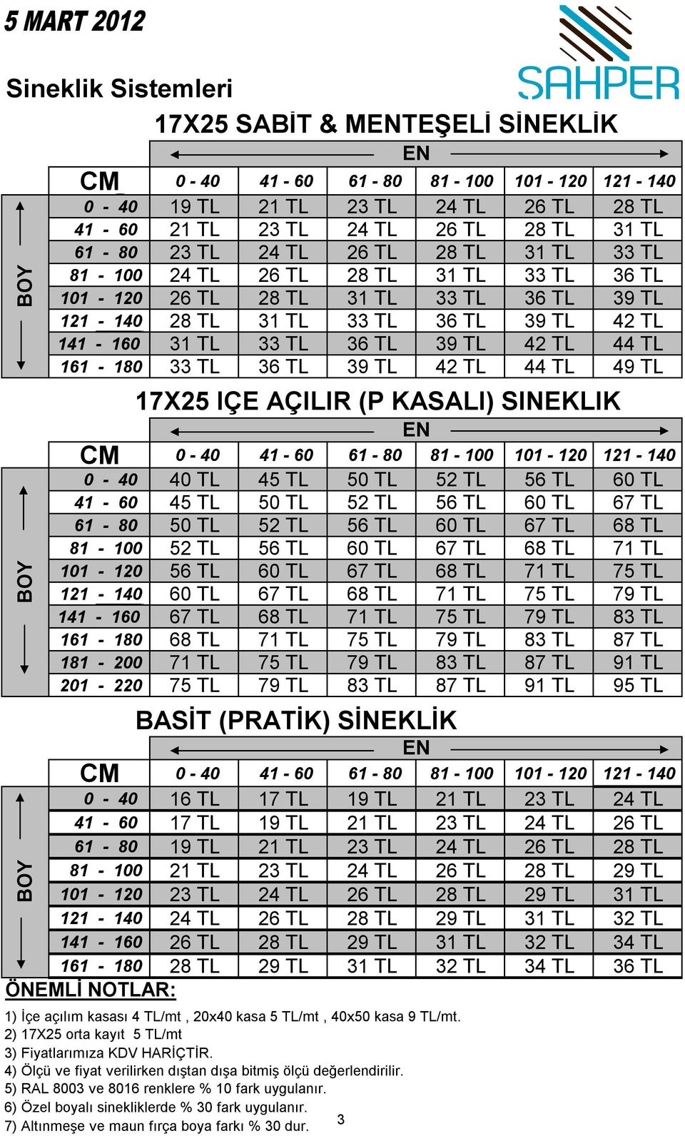 161-180 33 TL 36 TL 39 TL 42 TL 44 TL 49 TL 17X25 İÇE AÇILIR (P KASALI) SİNEKLİK CM 0-40 41-60 61-80 81-100 101-120 121-140 0-40 40 TL 45 TL 50 TL 52 TL 56 TL 60 TL 41-60 45 TL 50 TL 52 TL 56 TL 60