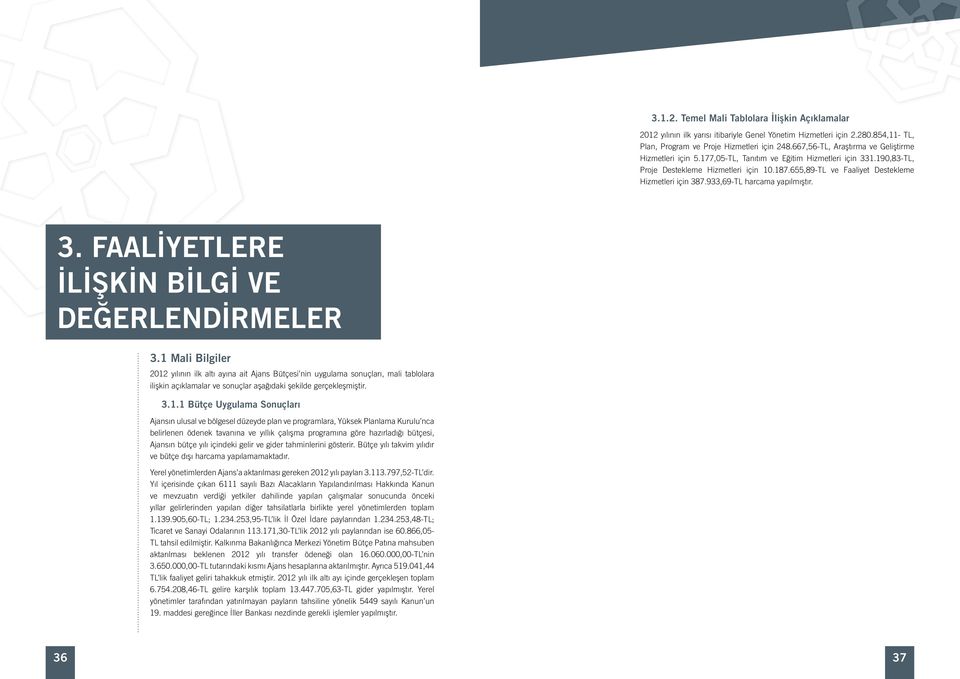 655,89-TL ve Faaliyet Destekleme Hizmetleri için 387.933,69-TL harcama yapılmıştır. 3. FAALİYETLERE İLİŞKİN BİLGİ VE DEĞERLENDİRMELER 3.