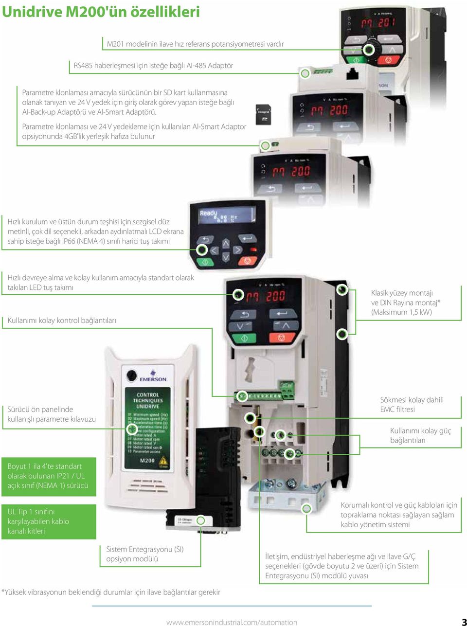 Parametre klonlaması ve 24 V yedekleme için kullanılan Al-Smart Adaptor opsiyonunda 4GB'lik yerleşik hafıza bulunur Hızlı kurulum ve üstün durum teşhisi için sezgisel düz metinli, çok dil seçenekli,