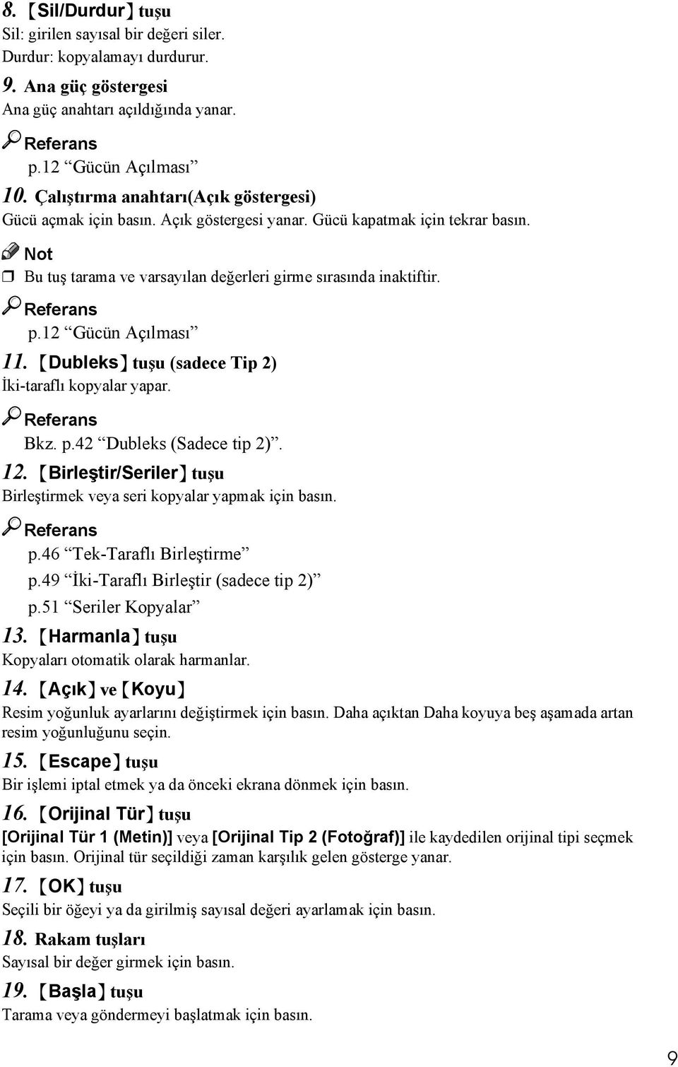 12 Gücün Açõlmasõ 11. {Dubleks} tuşu (sadece Tip 2) İki-taraflõ kopyalar yapar. Referans Bkz. p.42 Dubleks (Sadece tip 2). 12.