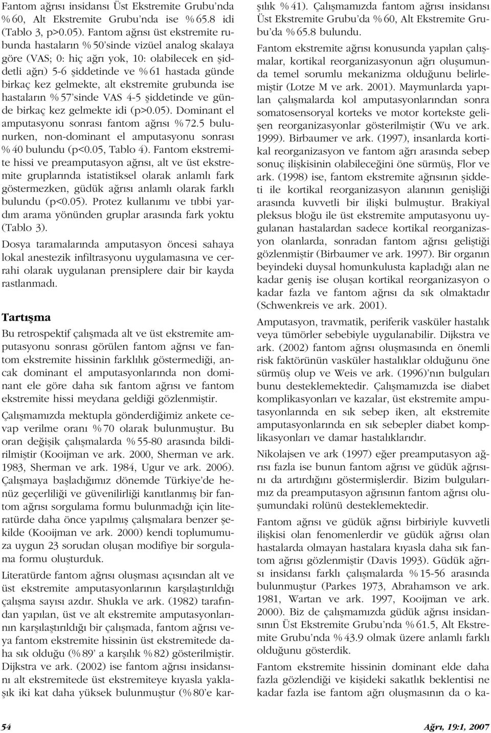 alt ekstremite grubunda ise hastalar n % 57 sinde VAS 4-5 fliddetinde ve günde birkaç kez gelmekte idi (p>0.05). Dominant el amputasyonu sonras fantom a r s % 72.