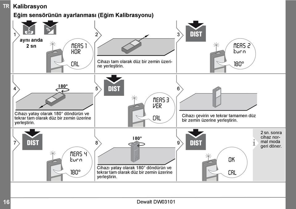 4 80 5 6 Cihazı yatay olarak 80 döndürün ve tekrar tam olarak düz bir zemin  Cihazı çevirin ve tekrar tamamen