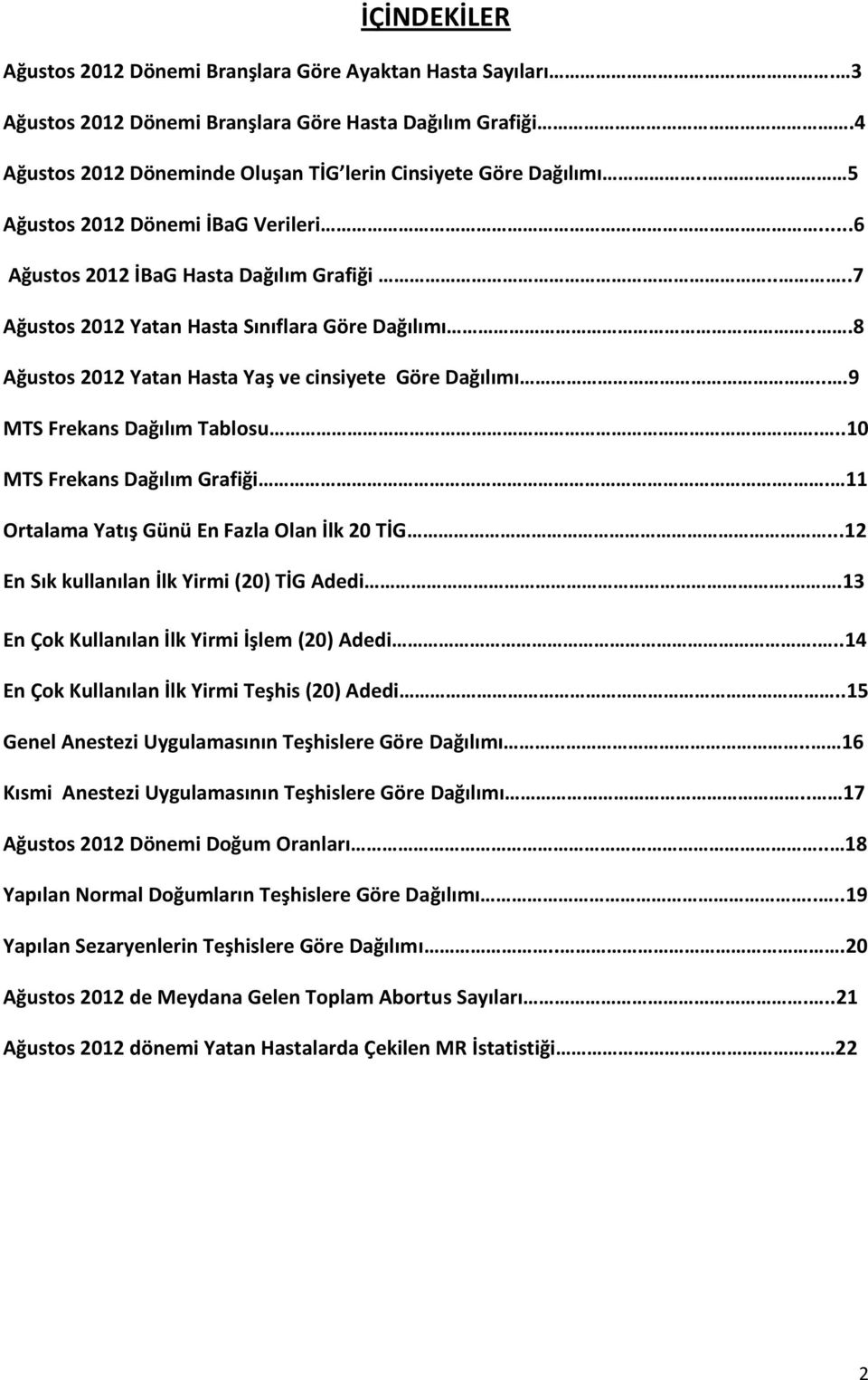 ..9 MTS Frekans Dağılım Tablosu...10 MTS Frekans Dağılım Grafiği.. 11 Ortalama Yatış Günü En Fazla Olan İlk 20 TİG...12 En Sık kullanılan İlk Yirmi (20) TİG Adedi.