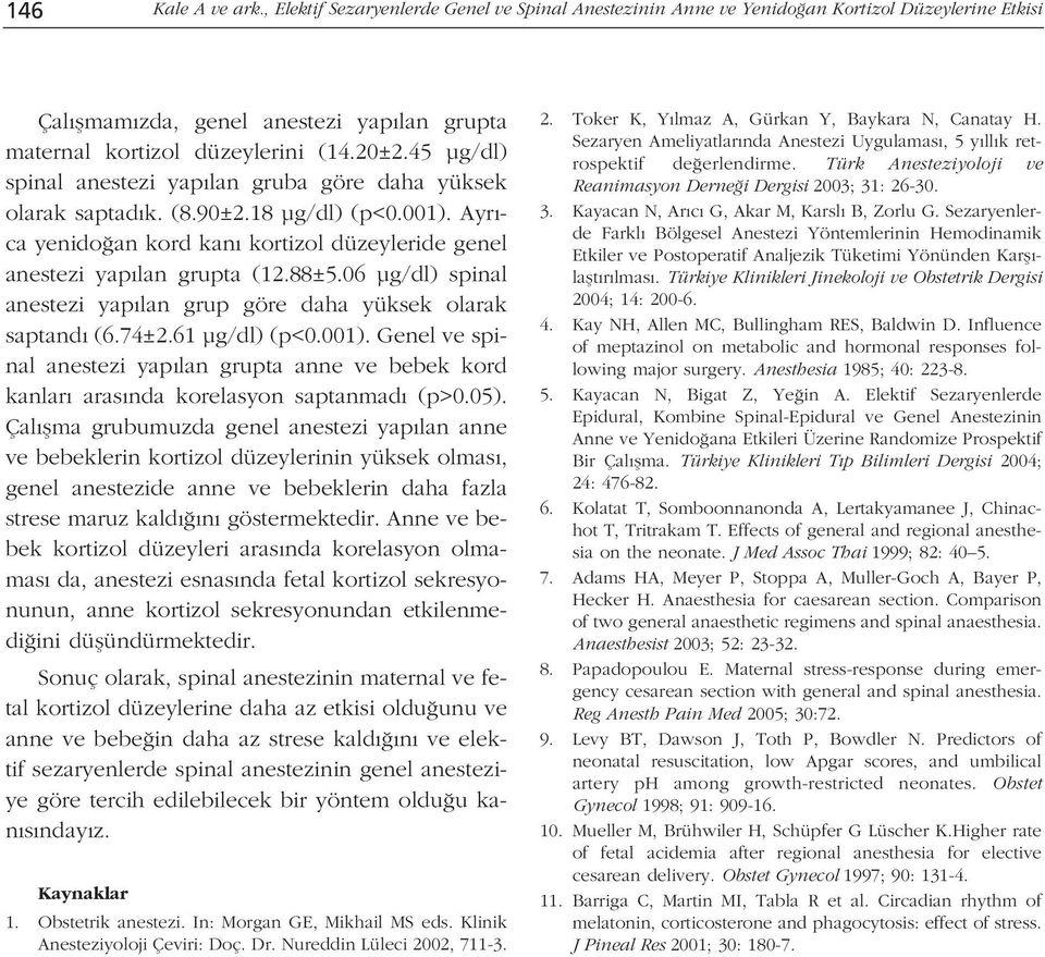 06 µg/dl) spinal anestezi yap lan grup göre daha yüksek olarak saptand (6.74±2.61 µg/dl) (p<0.001).