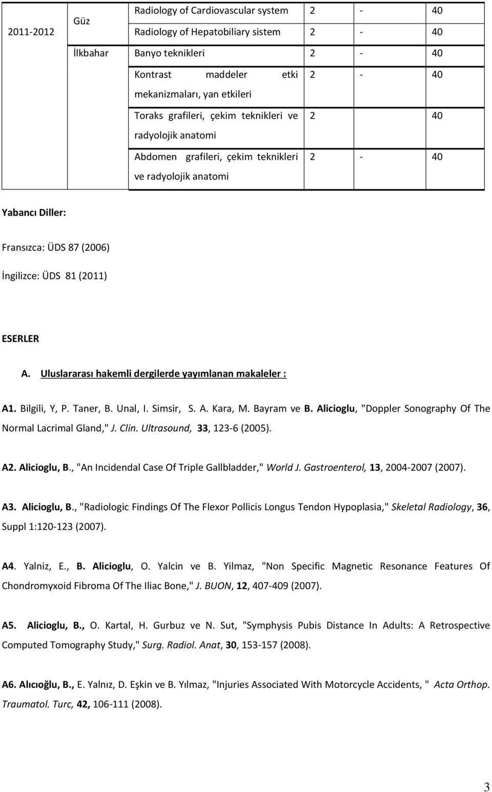 Uluslararası hakemli dergilerde yayımlanan makaleler : A1. Bilgili, Y, P. Taner, B. Unal, I. Simsir, S. A. Kara, M. Bayram ve B. Alicioglu, "Doppler Sonography Of The Normal Lacrimal Gland," J. Clin.