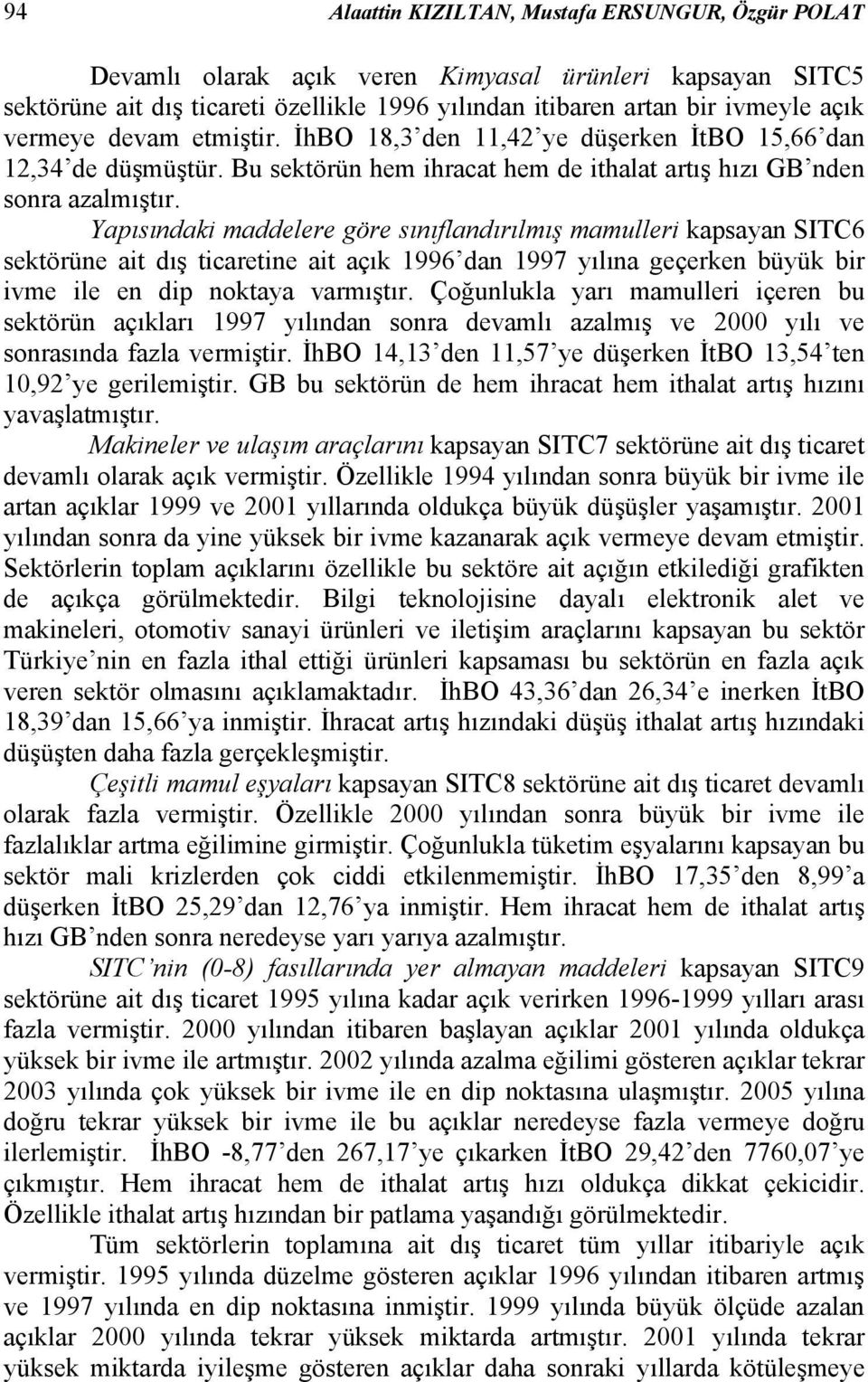 Yapısındaki maddelere göre sınıflandırılmış mamulleri kapsayan SITC6 sektörüne ait dış ticaretine ait açık 1996 dan 1997 yılına geçerken büyük bir ivme ile en dip noktaya varmıştır.