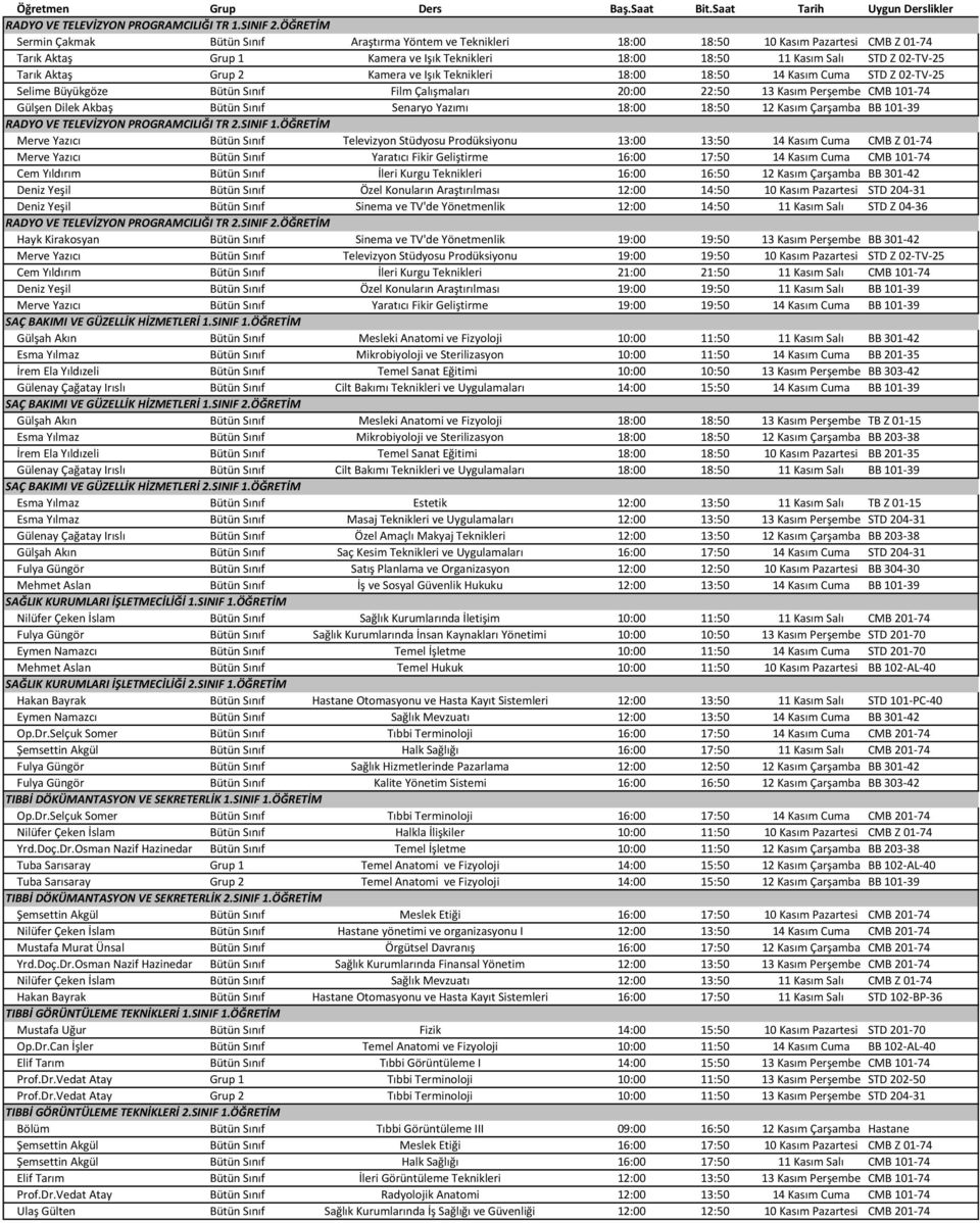 Aktaş Grup 2 Kamera ve Işık Teknikleri 18:00 18:50 14 Kasım Cuma STD Z 02-TV-25 Selime Büyükgöze Bütün Sınıf Film Çalışmaları 20:00 22:50 13 Kasım Perşembe CMB 101-74 Gülşen Dilek Akbaş Bütün Sınıf