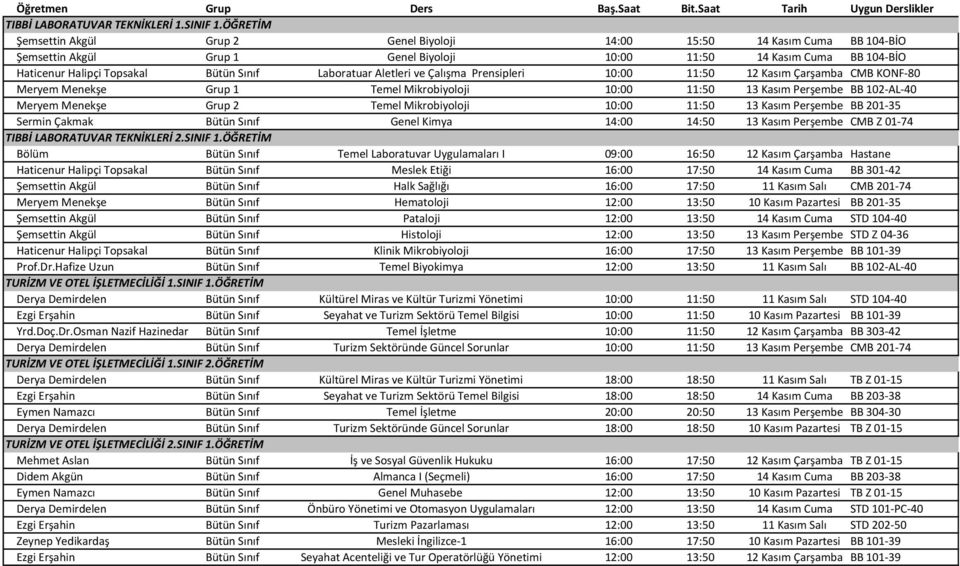 Laboratuar Aletleri ve Çalışma Prensipleri 10:00 11:50 12 Kasım Çarşamba CMB KONF-80 Meryem Menekşe Grup 1 Temel Mikrobiyoloji 10:00 11:50 13 Kasım Perşembe BB 102-AL-40 Meryem Menekşe Grup 2 Temel