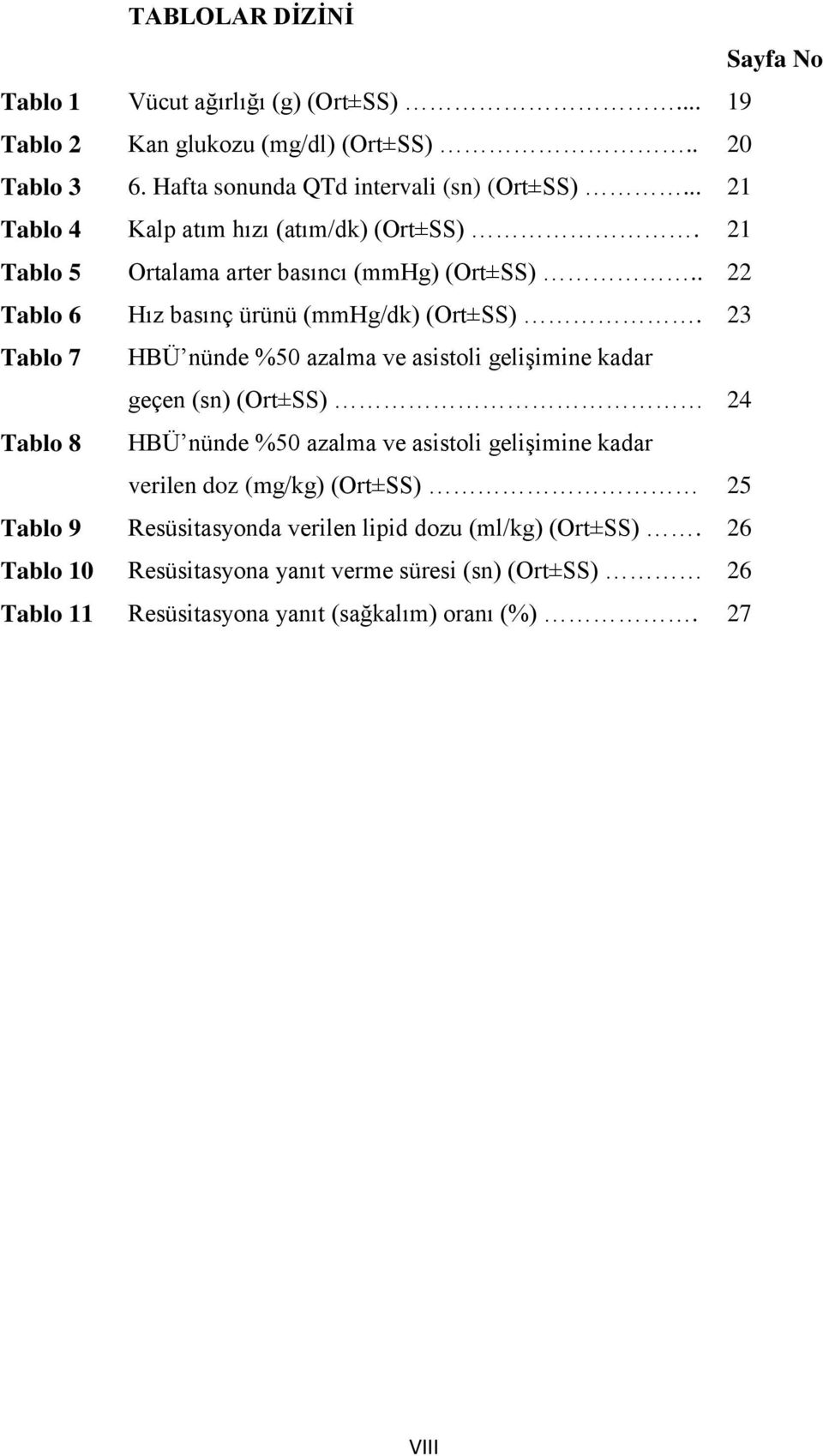 23 Tablo 7 HBÜ nünde %50 azalma ve asistoli gelişimine kadar geçen (sn) (Ort±SS) 24 Tablo 8 HBÜ nünde %50 azalma ve asistoli gelişimine kadar verilen doz (mg/kg)