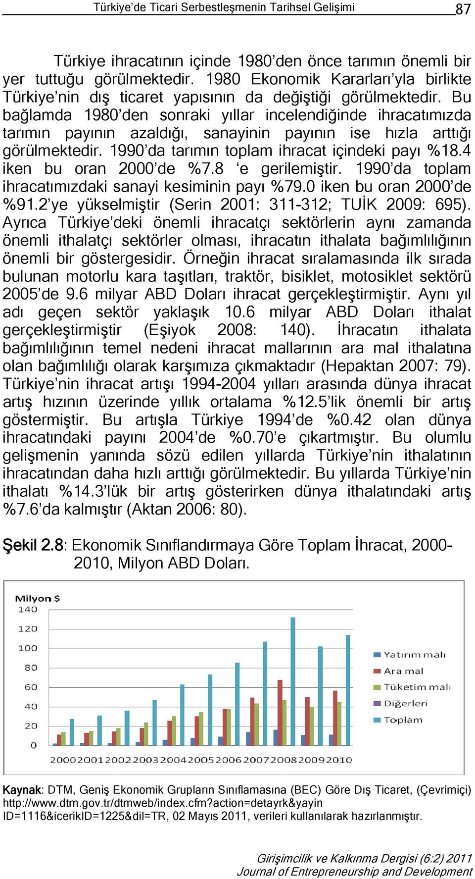 Bu bağlamda 1980 den sonraki yıllar incelendiğinde ihracatımızda tarımın payının azaldığı, sanayinin payının ise hızla arttığı görülmektedir. 1990 da tarımın toplam ihracat içindeki payı %18.