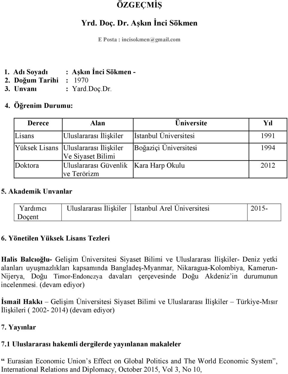 Akademik Unvanlar Boğaziçi Üniversitesi 1994 Kara Harp Okulu 2012 Yardımcı Doçent Uluslararası İlişkiler İstanbul Arel Üniversitesi 2015-6.