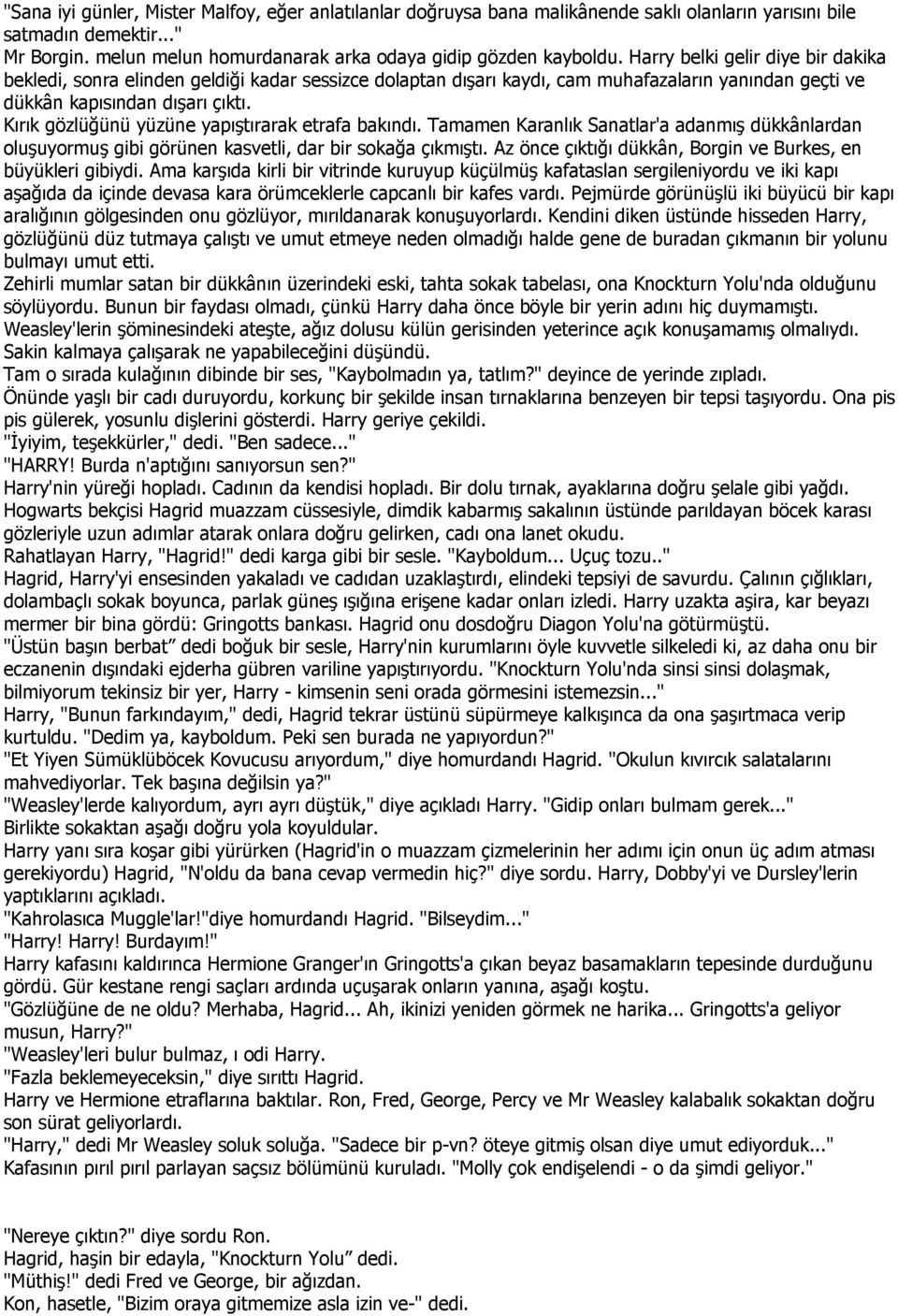 Kırık gözlüğünü yüzüne yapıştırarak etrafa bakındı. Tamamen Karanlık Sanatlar'a adanmış dükkânlardan oluşuyormuş gibi görünen kasvetli, dar bir sokağa çıkmıştı.