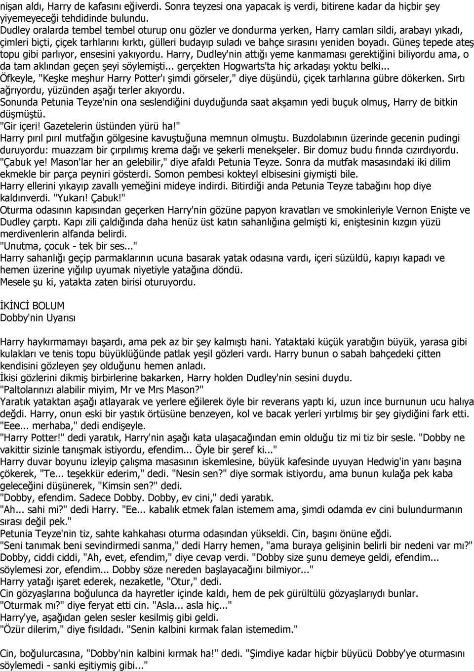 boyadı. Güneş tepede ateş topu gibi parlıyor, ensesini yakıyordu. Harry, Dudley'nin attığı yeme kanmaması gerektiğini biliyordu ama, o da tam aklından geçen şeyi söylemişti.