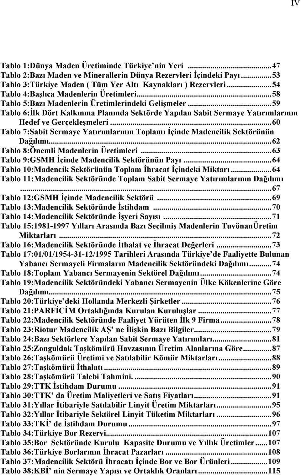 ..59 Tablo 6:İlk Dört Kalkınma Planında Sektörde Yapılan Sabit Sermaye Yatırımlarının Hedef ve Gerçekleşmeleri...60 Tablo 7:Sabit Sermaye Yatırımlarının Toplamı İçinde Madencilik Sektörünün Dağılımı.