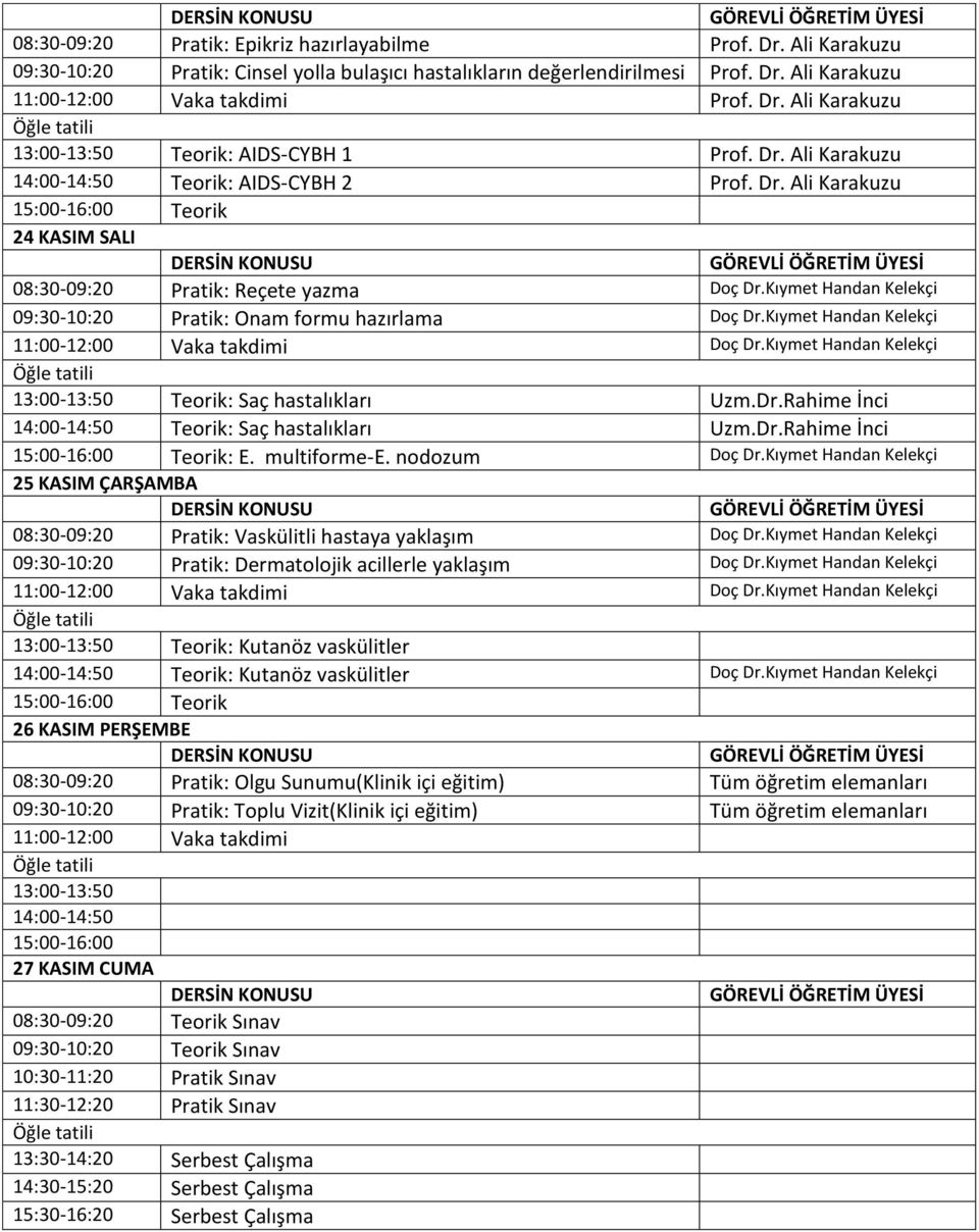 Kıymet Handan 09:30-10:20 Pratik: Onam formu hazırlama Doç Dr.Kıymet Handan 13:00-13:50 Teorik: Saç hastalıkları Uzm.Dr.Rahime İnci 14:00-14:50 Teorik: Saç hastalıkları Uzm.Dr.Rahime İnci 15:00-16:00 Teorik: E.