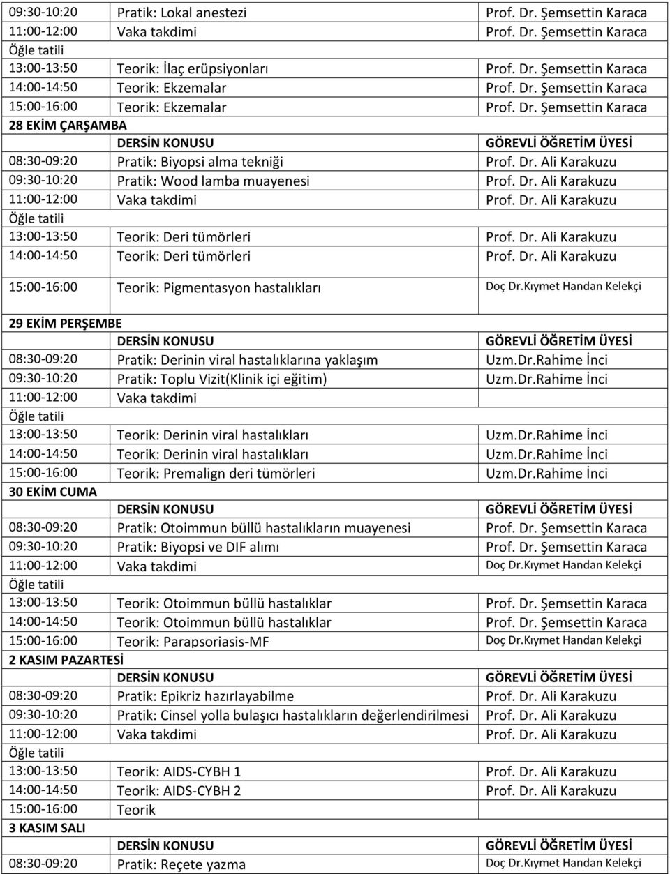 Dr. Ali Karakuzu 14:00-14:50 Teorik: Deri tümörleri Prof. Dr. Ali Karakuzu 15:00-16:00 Teorik: Pigmentasyon hastalıkları Doç Dr.