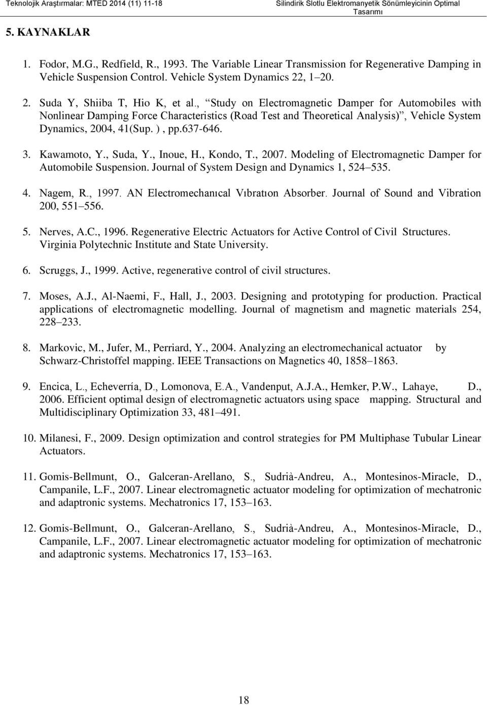 , Study on Electromagnetic Damper for Automobiles with Nonlinear Damping Force Characteristics (Road Test and Theoretical Analysis), Vehicle System Dynamics, 2004, 41(Sup. ), pp.637-646. 3.