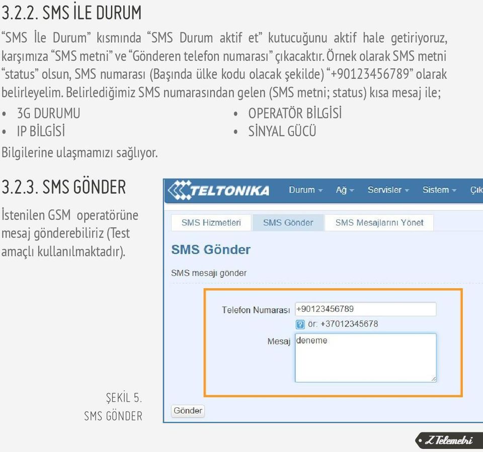 Örnek olarak SMS metni status olsun, SMS numarası (Başında ülke kodu olacak şekilde) +90123456789 olarak belirleyelim.