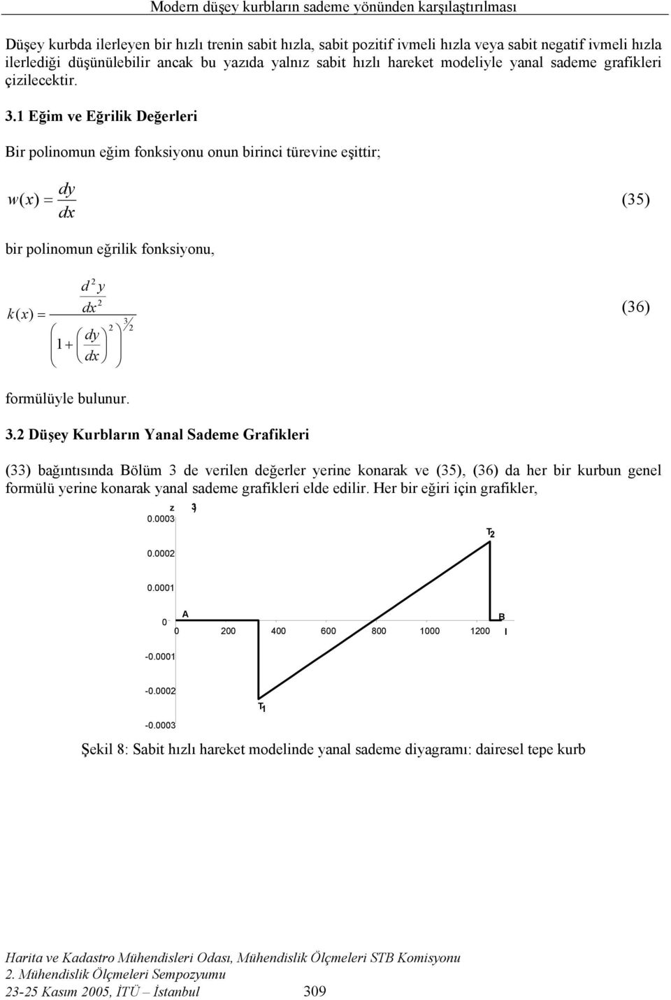 .1 Eğim ve Eğrilik Değerleri Bir polinomun eğim fonksiyonu onun birini türevine eşittir; dy w ( x) = () dx bir polinomun eğrilik fonksiyonu, d y k ( x) = dx (6) dy 1+ dx formülüyle bulunur.