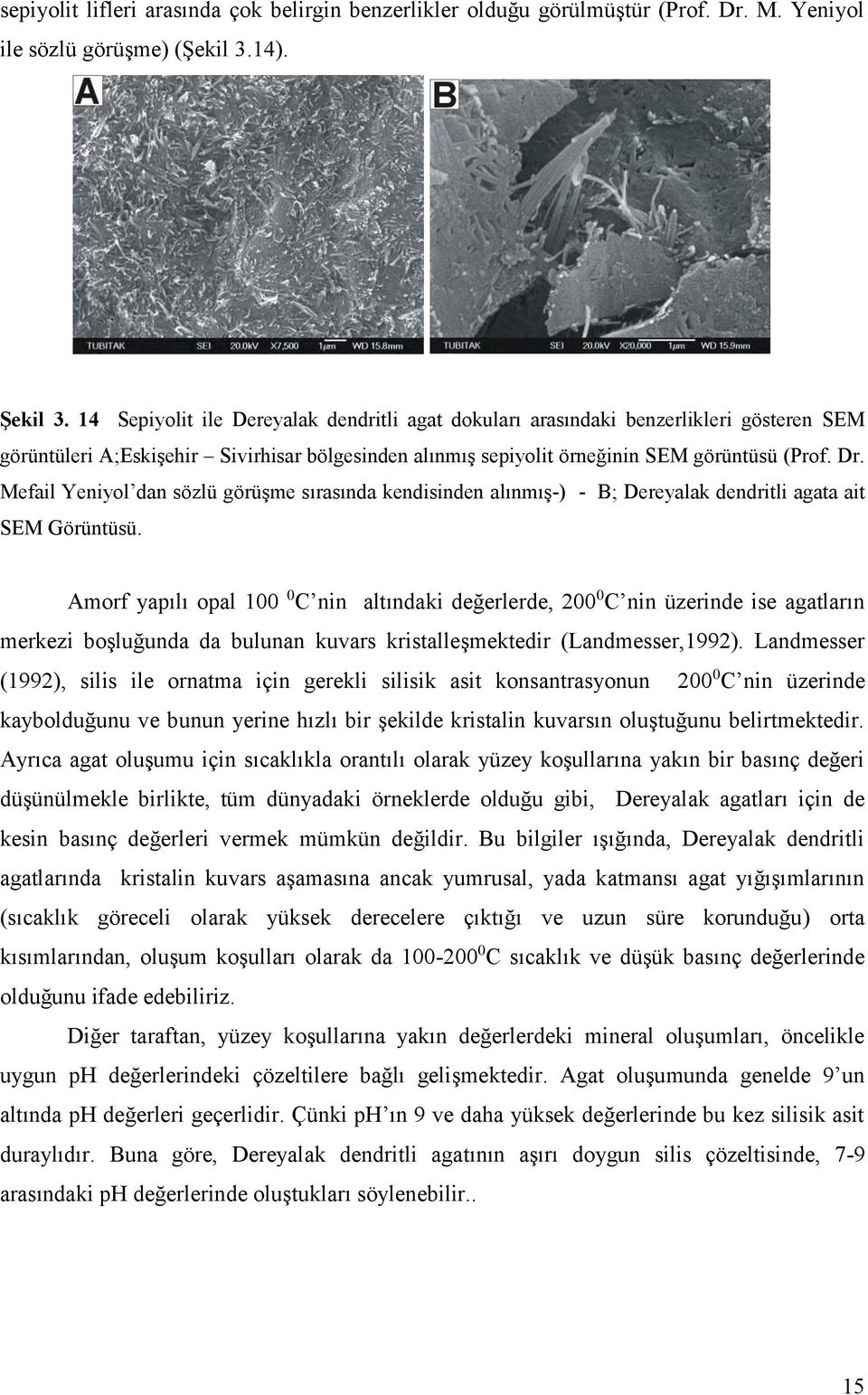 Mefail Yeniyol dan sözlü görüşme sırasında kendisinden alınmış-) - B; Dereyalak dendritli agata ait SEM Görüntüsü.