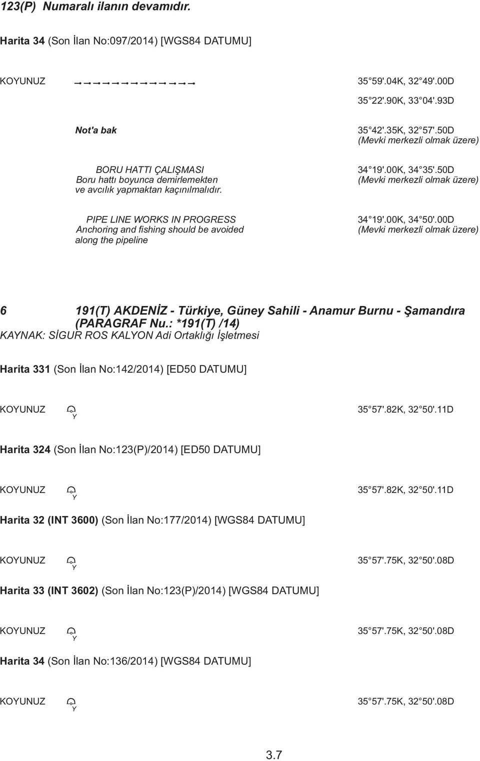 50D (Mevki merkezli olmak üzere) PIPE LINE WORKS IN PROGRESS Anchoring and fishing should be avoided along the pipeline 34 19'.00K, 34 50'.