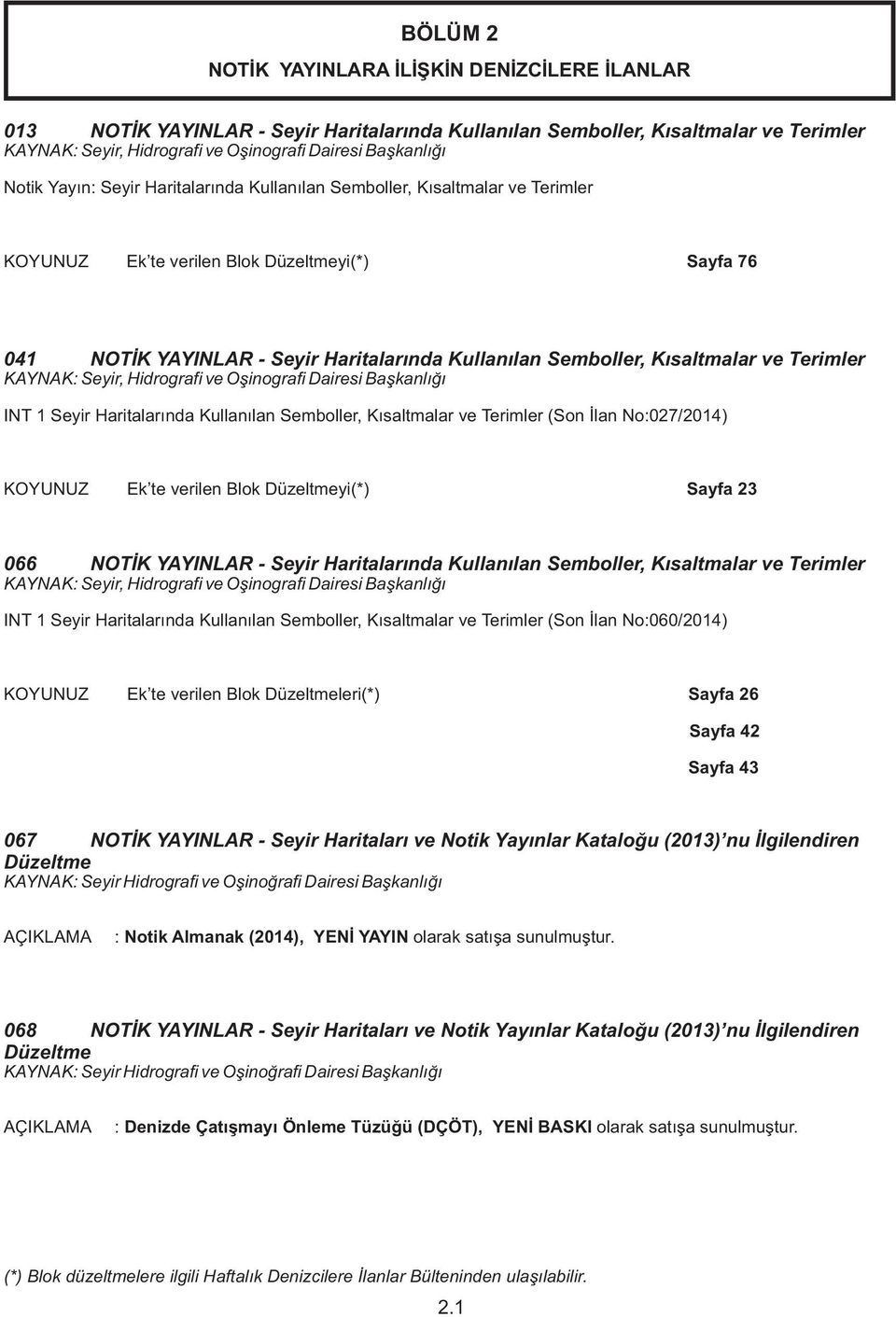 Terimler KAYNAK: Seyir, Hidrografi ve Oşinografi Dairesi Başkanlığı INT 1 Seyir Haritalarında Kullanılan Semboller, Kısaltmalar ve Terimler (Son İlan No:027/2014) Ek te verilen Blok Düzeltmeyi(*)