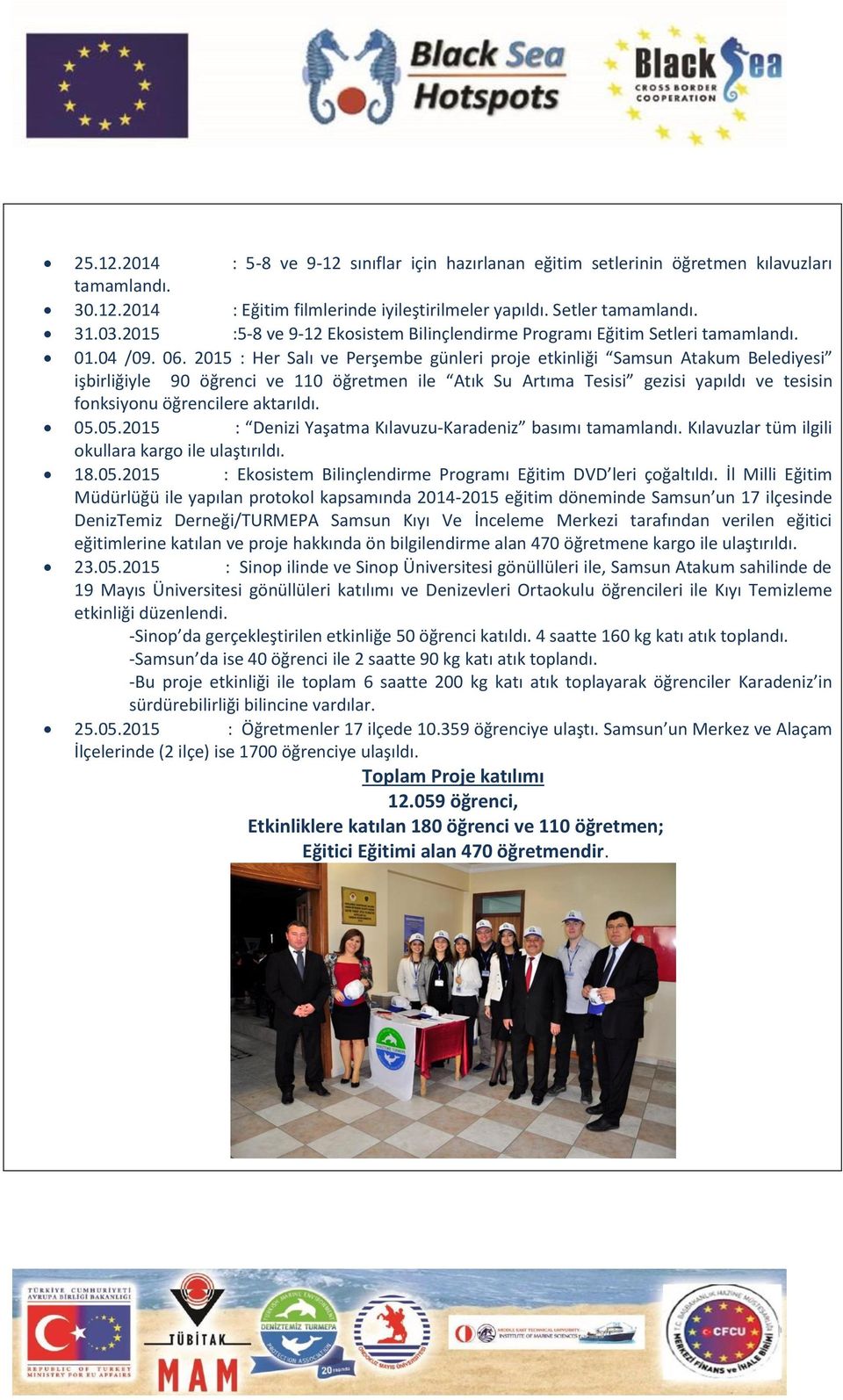 2015 : Her Salı ve Perşembe günleri proje etkinliği Samsun Atakum Belediyesi işbirliğiyle 90 öğrenci ve 110 öğretmen ile Atık Su Artıma Tesisi gezisi yapıldı ve tesisin fonksiyonu öğrencilere