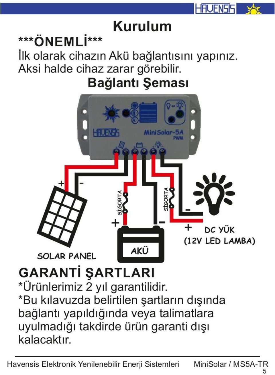 Bağlantı Şeması SİGORTA SİGORTA + - + SOLAR PANEL + DC YÜK (12V LED LAMBA) AKÜ GARANTİ
