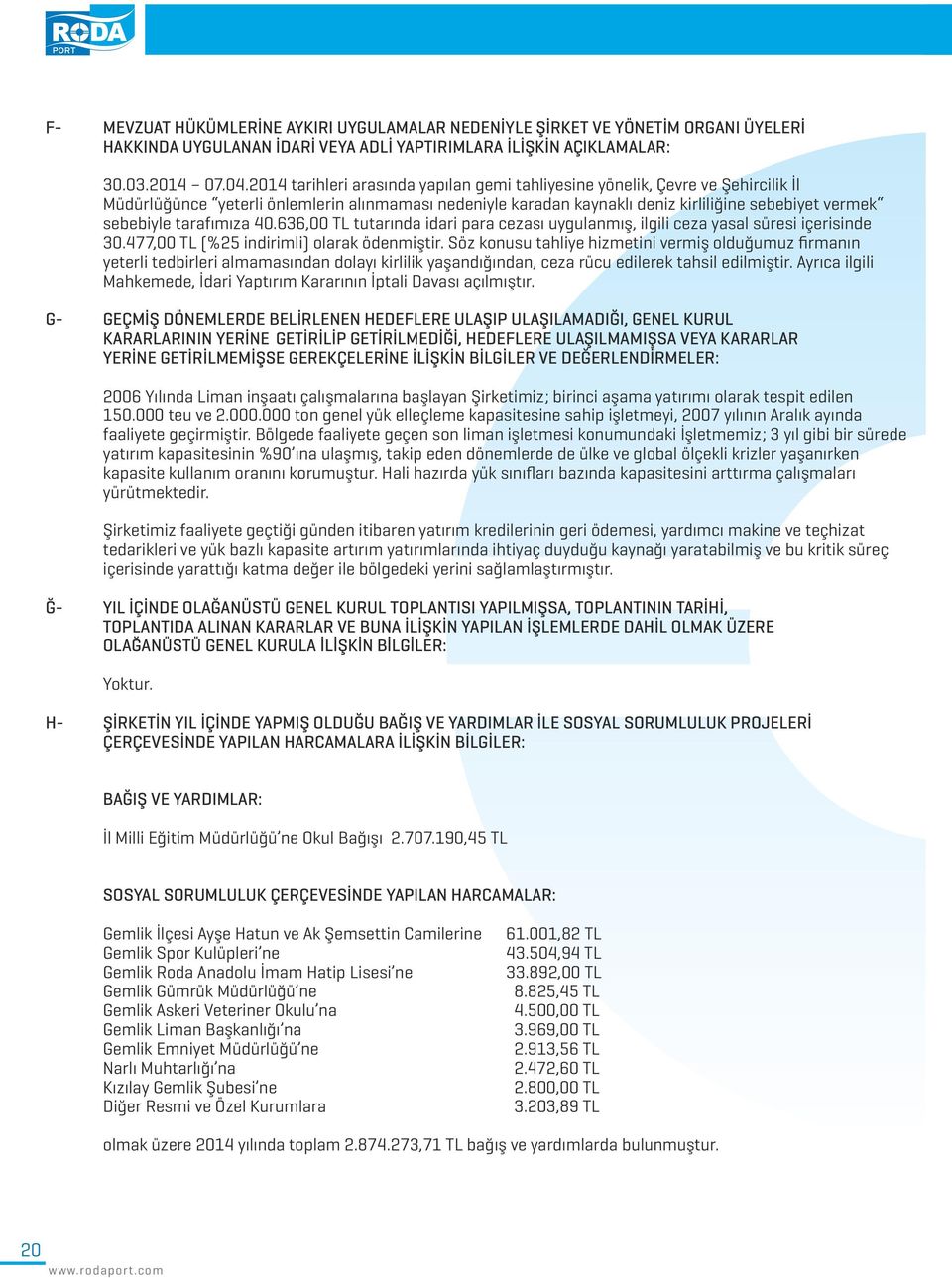 tarafımıza 40.636,00 TL tutarında idari para cezası uygulanmış, ilgili ceza yasal süresi içerisinde 30.477,00 TL (%25 indirimli) olarak ödenmiştir.