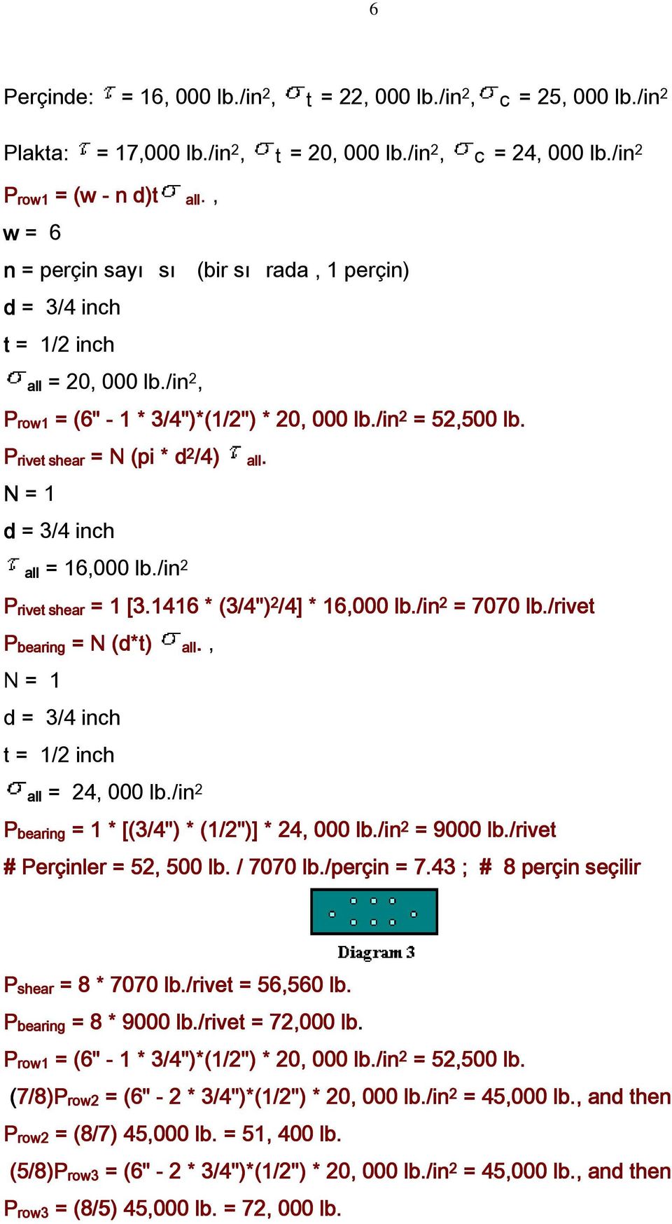 P rivet shear rivet shear = N (pi * d 2 /4) N = 1 d = 3/4 inch = 16,000 lb./in 2 P rivet shear /4). rivet shear = 1 [3.1416 * (3/4") 2 /4] * 16,000 lb./in 2 = 7070 lb.