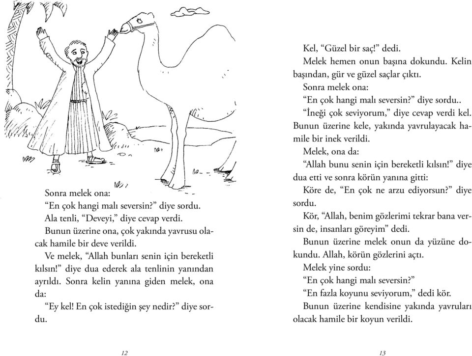 Kel, Güzel bir saç! dedi. Melek hemen onun başına dokundu. Kelin başından, gür ve güzel saçlar çıktı. Sonra melek ona: En çok hangi malı seversin? diye sordu.