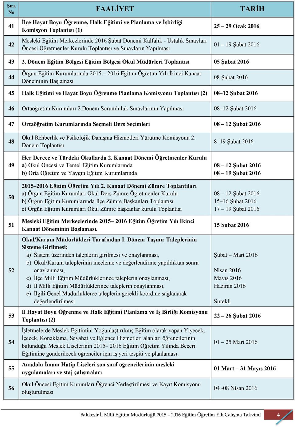 Dönem Eğitim Bölgesi Eğitim Bölgesi Okul Müdürleri Toplantısı 05 Şubat 2016 44 Örgün Eğitim Kurumlarında 2015 2016 Eğitim Öğretim Yılı İkinci Kanaat Döneminin Başlaması 08 Şubat 2016 45 Halk Eğitimi