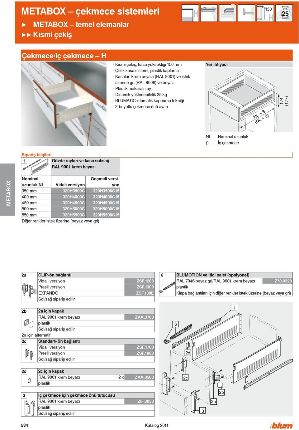 sol/sağ, RL 900 krem beyazı Nominal uzunluk NL 350 mm 320H3500 400 mm 320H4000 320H4500 320H5000 320H5500 Diğer renkler istek üzerine (beyaz veya gri) Geçmeli versiyon 320H35005 320H40005 320H45005