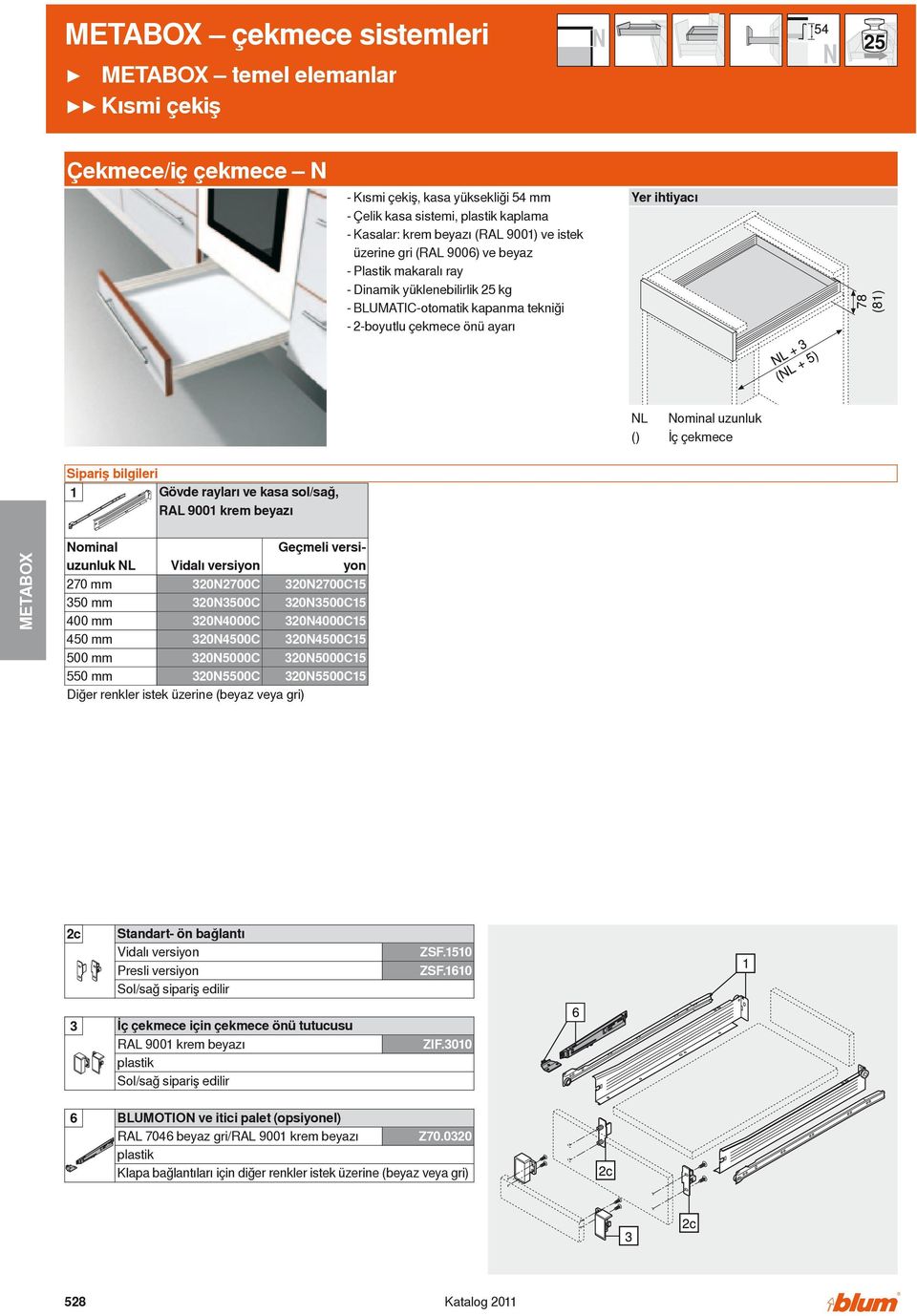 sol/sağ, RL 900 krem beyazı Nominal uzunluk NL 270 mm 350 mm 400 mm 320N2700 320N3500 320N4000 320N4500 320N5000 320N5500 Diğer renkler istek üzerine (beyaz veya gri) Geçmeli versiyon 320N27005