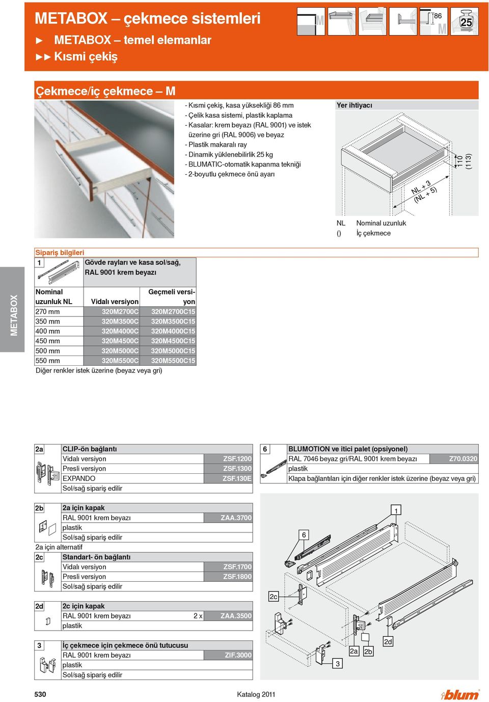 sol/sağ, RL 900 krem beyazı Nominal uzunluk NL 270 mm 320M2700 350 mm 320M3500 400 mm 320M4000 320M4500 320M5000 320M5500 Diğer renkler istek üzerine (beyaz veya gri) Geçmeli versiyon 320M27005