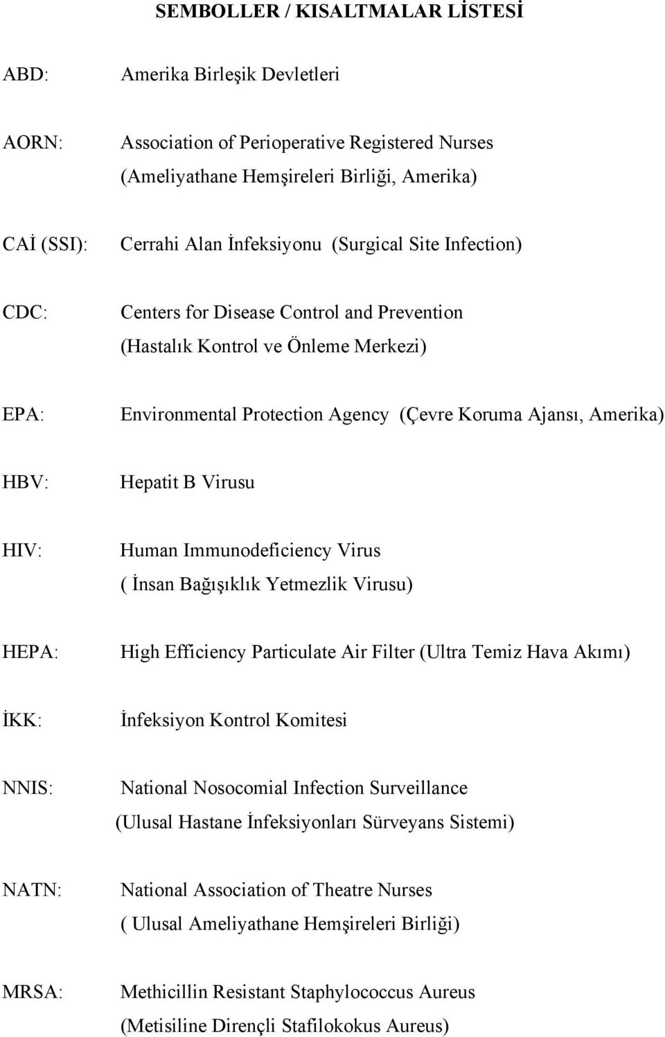 Virusu HIV: Human Immunodeficiency Virus ( İnsan Bağışıklık Yetmezlik Virusu) HEPA: High Efficiency Particulate Air Filter (Ultra Temiz Hava Akımı) İKK: İnfeksiyon Kontrol Komitesi NNIS: National