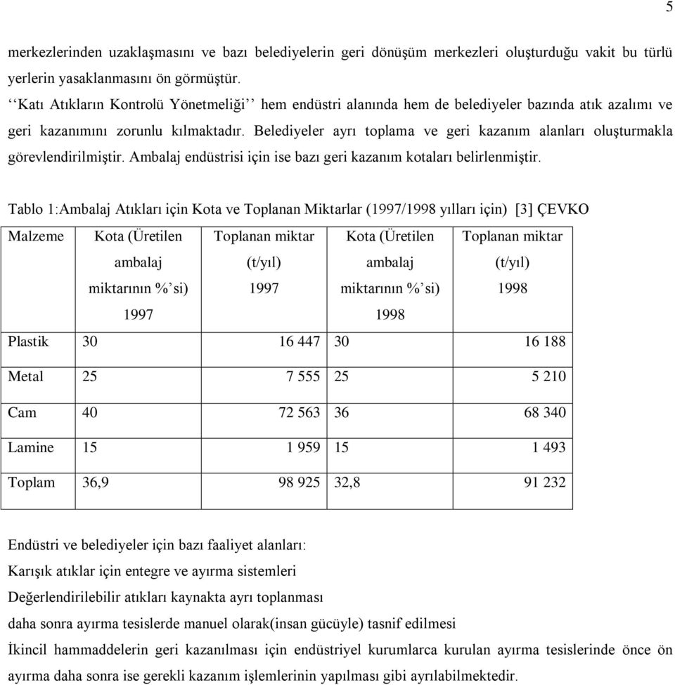 Belediyeler ayrı toplama ve geri kazanım alanları oluşturmakla görevlendirilmiştir. Ambalaj endüstrisi için ise bazı geri kazanım kotaları belirlenmiştir.