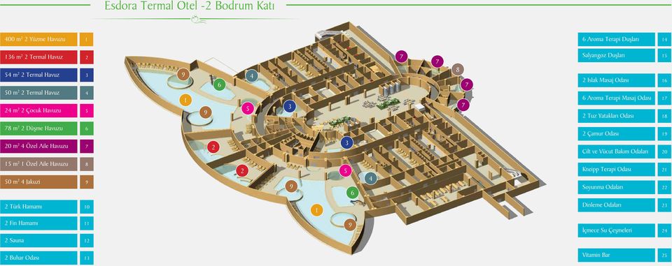 Düşme Havuzu 20 m 2 4 Özel Aile Havuzu 6 7 2 3 2 Çamur Odası Cilt ve Vücut Bakım Odaları 19 20 15 m 2 1 Özel Aile Havuzu 50 m 2 4 Jakuzi 8 9 2 9 5 6 4 Kneipp