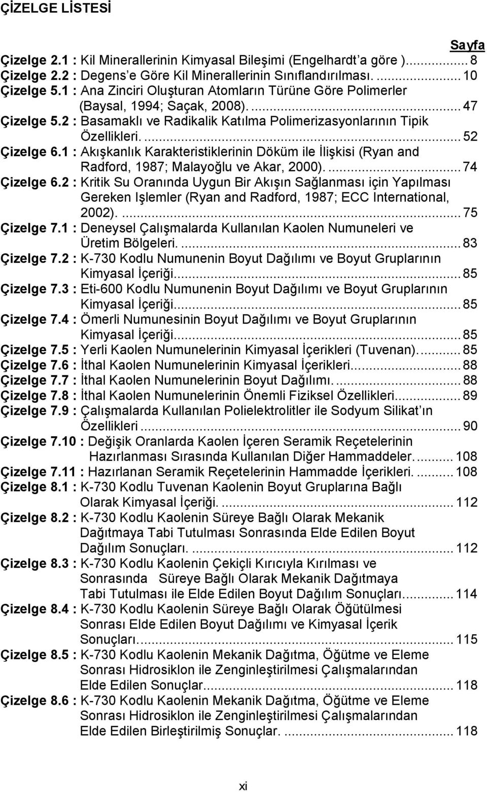 1 : Akışkanlık Karakteristiklerinin Döküm ile İlişkisi (Ryan and Radford, 1987; Malayoğlu ve Akar, 2000).... 74 Çizelge 6.