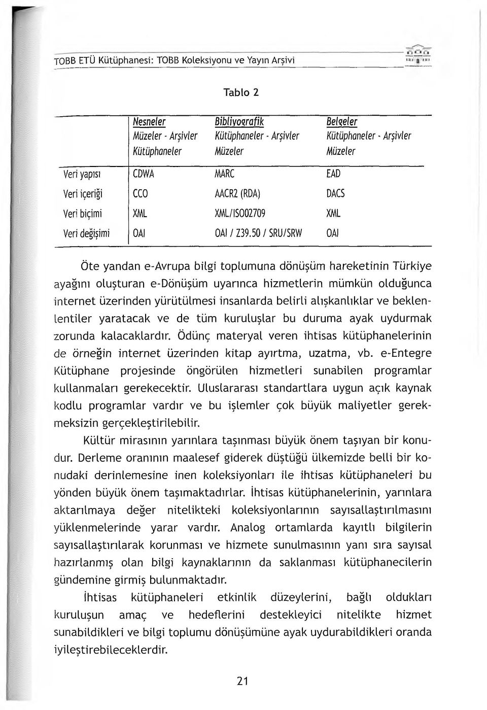 50 / SRU/SRW OAI Öte yandan e-avrupa bilgi toplumuna dönüşüm hareketinin Türkiye ayağını oluşturan e-dönüşüm uyarınca hizmetlerin mümkün olduğunca internet üzerinden yürütülmesi insanlarda belirli