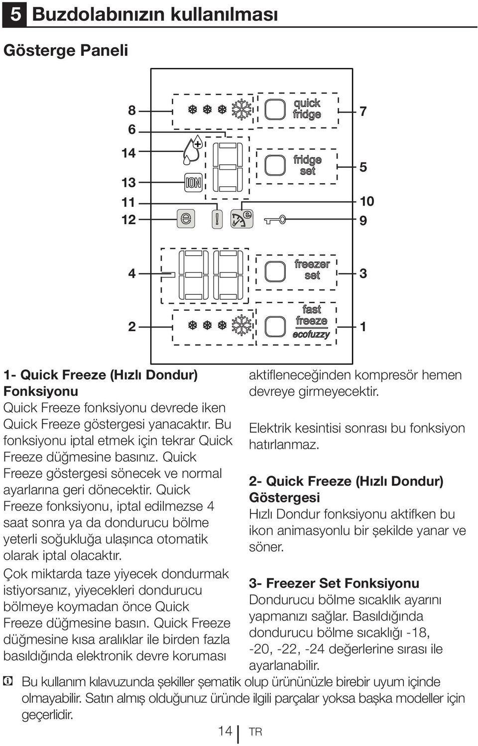 Quick Freeze fonksiyonu, iptal edilmezse 4 saat sonra ya da dondurucu bölme yeterli soğukluğa ulaşınca otomatik olarak iptal olacaktır.