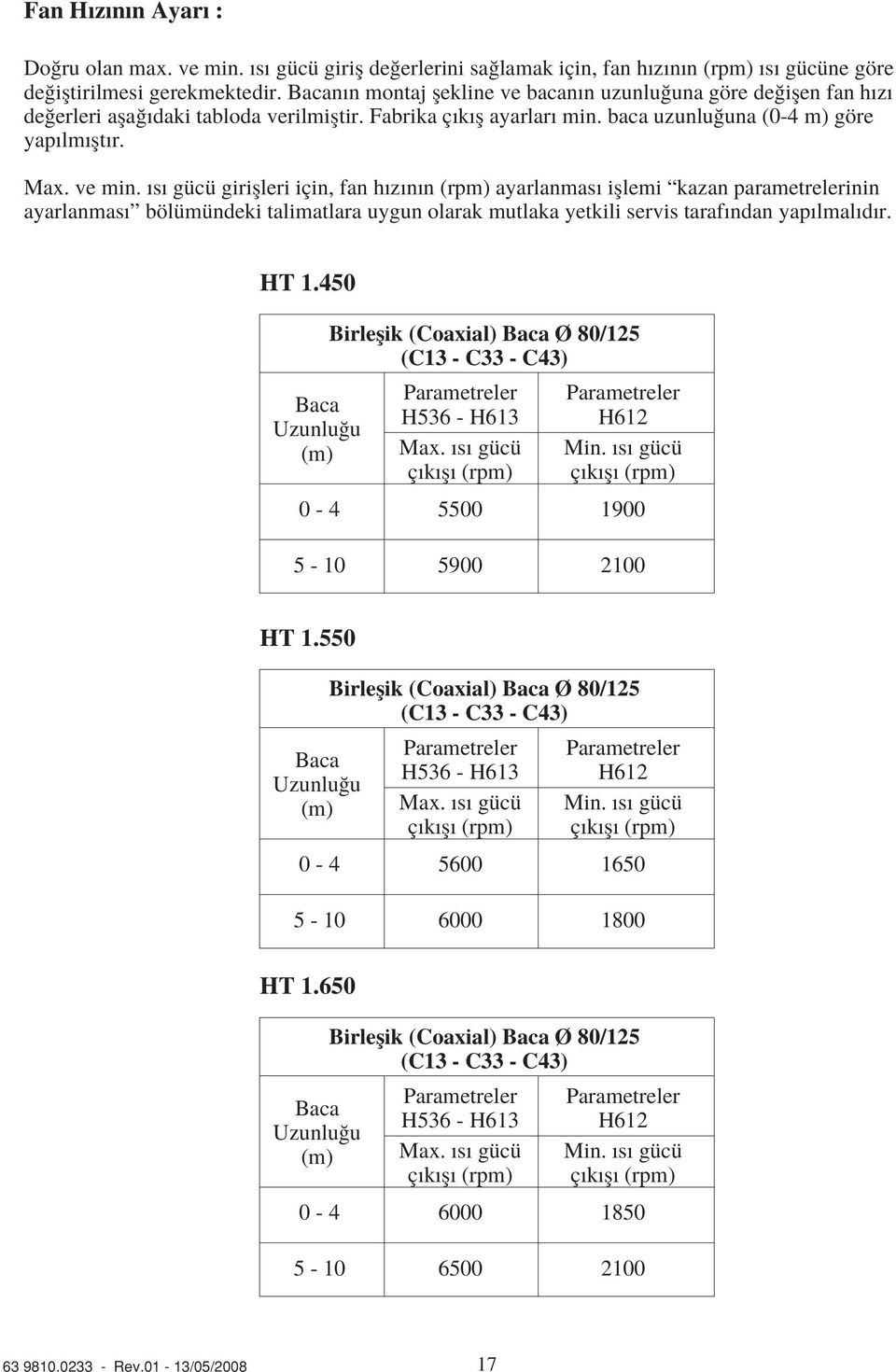 s gücü giriflleri için, fan h z n n (rpm) ayarlanmas ifllemi kazan parametrelerinin ayarlanmas bölümündeki talimatlara uygun olarak mutlaka yetkili servis taraf ndan yap lmal d r. HT 1.