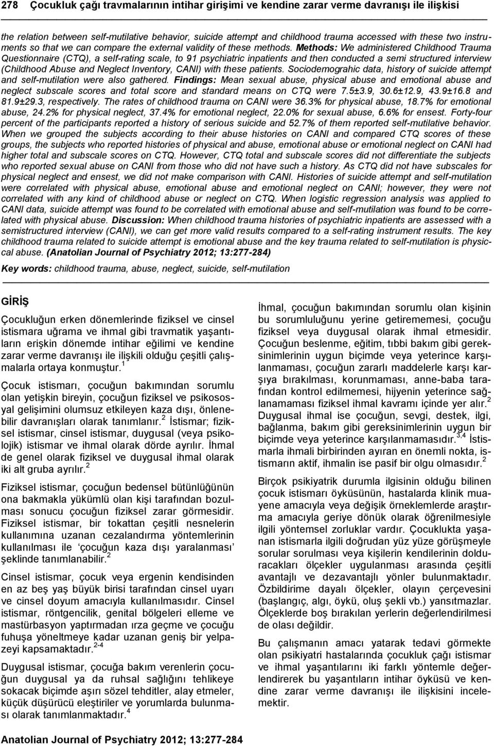 Methods: We administered Childhood Trauma Questionnaire (CTQ), a self-rating scale, to 91 psychiatric inpatients and then conducted a semi structured interview (Childhood Abuse and Neglect Inventory,